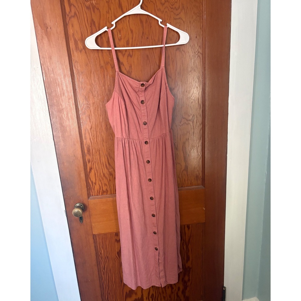 Old Navy Pink Linen Blend Button Front Midi Sun Dress Smocked Back Medium